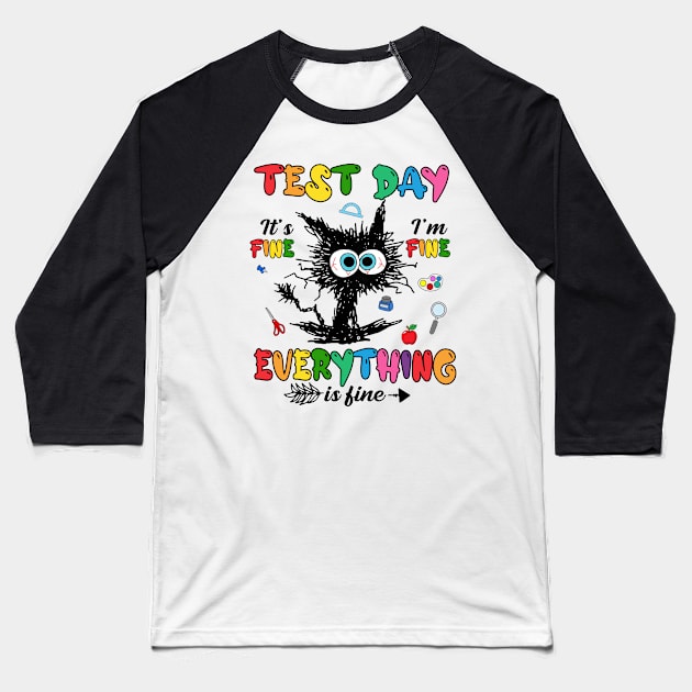 Test Day Funny Stressed Cat Teacher Student Kids Testing Day Baseball T-Shirt by artbyGreen